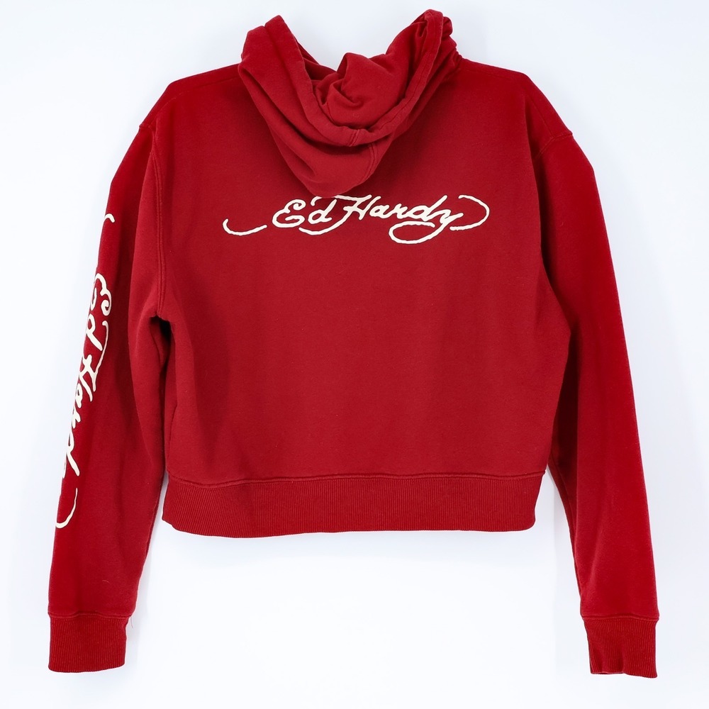 Ed Hardy Sweatshirt Womens L Cropped Koi FIsh Print Hoodie Red Long Sleeve Fit - Picture 3 of 10
